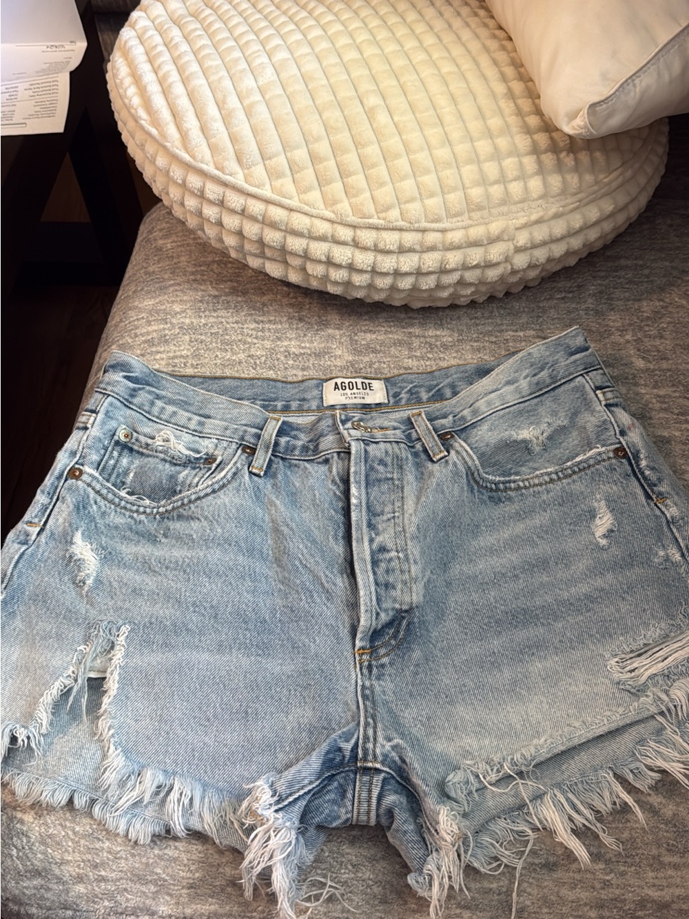 Agolde Light Wash Frayed Denim Shorts